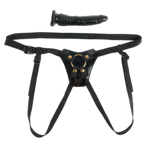 Fetish fantasy gold designer strap-on sex toy beginner luxury harness black dildo