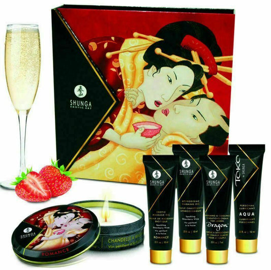 Shunga Secret Kit Erdbeerwein, Aphrodisiakum, Massagekerze, Öl, wärmendes Gleitgel