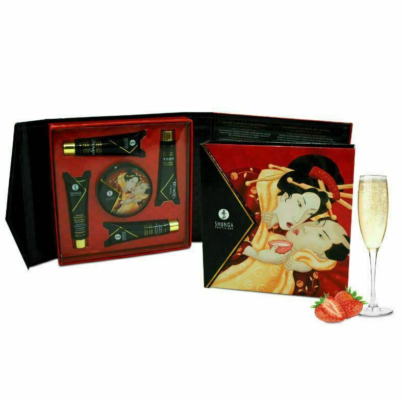 Shunga Secret Kit Erdbeerwein, Aphrodisiakum, Massagekerze, Öl, wärmendes Gleitgel