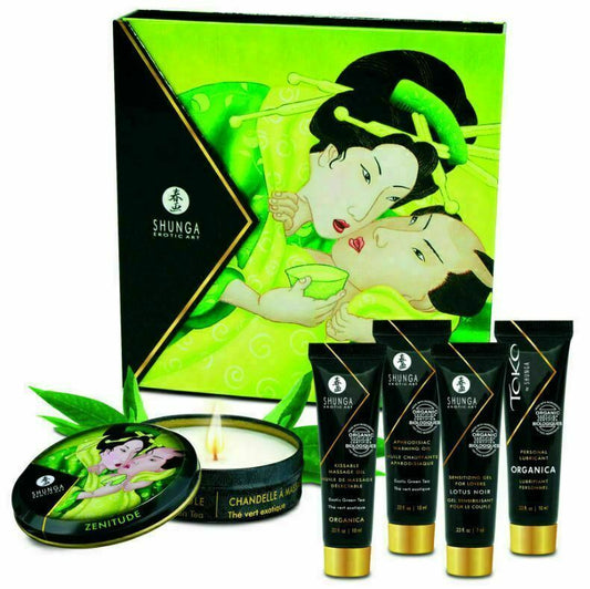 Shunga Secret Kit Lubrificante riscaldante con olio per candele da massaggio afrodisiaco al tè verde esotico