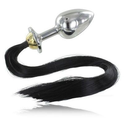 Metal hard steel anal plug with black tail 8.89cm sex toy for women men