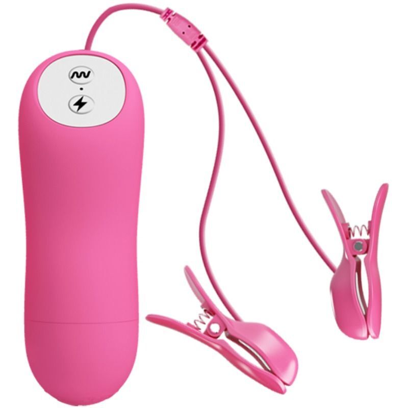 Sex toy fucsia con pinze per capezzoli ad onda romantica vibrante e elettroshock