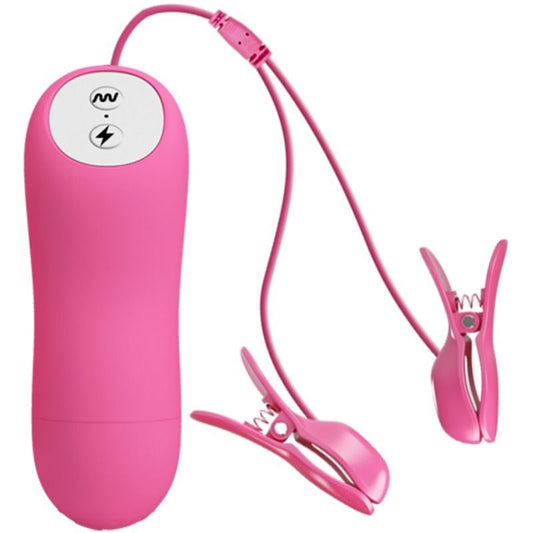 Romantic wave vibrating and electric shock nipple clamps fuchsia sex toy