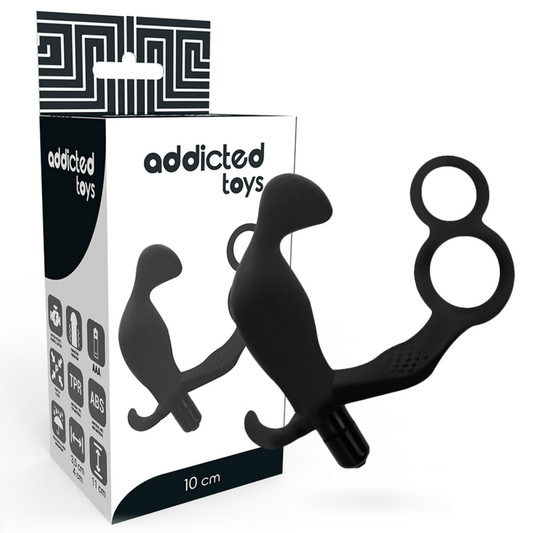 Addicted toys anal plug with double penis cock ring and testicles black sex toys