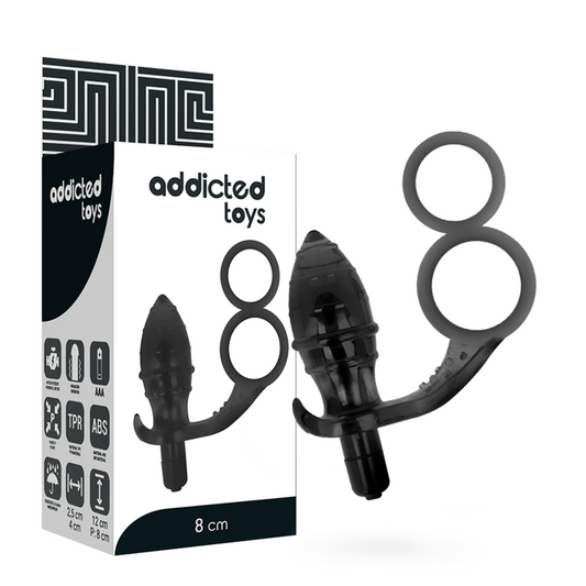 Addicted toys anal plug with double cock ring ball strap vibrator sex toy men black