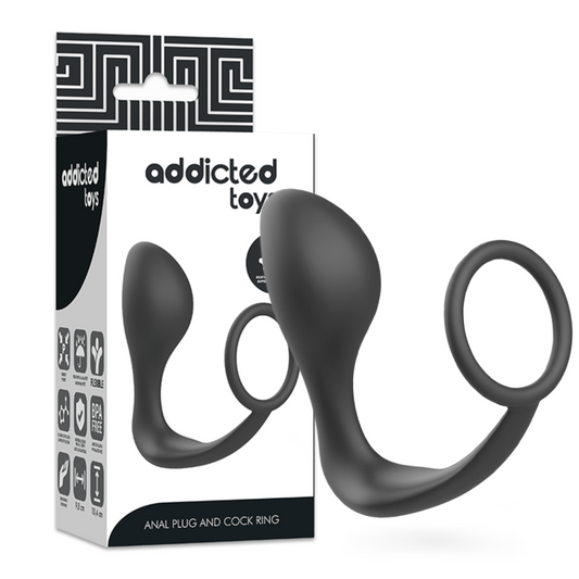 Addicted toys pleasure anal plug with cock ring black silicone sex toys for men