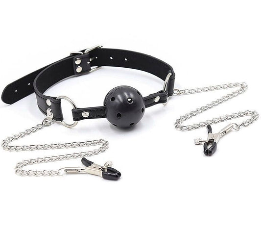 Ohmama fetish breathable ball gag with nipple clamps with metal chains