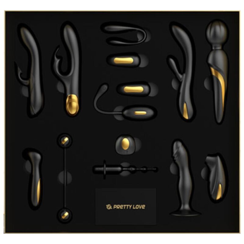 Kit di collezione di lusso di Pretty Love Queen, 12 giocattoli vibranti in silicone nero e oro