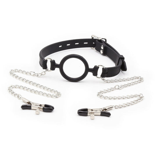Ohmama fetish silicone o-ring gag with chains and nipple clamps sex toys