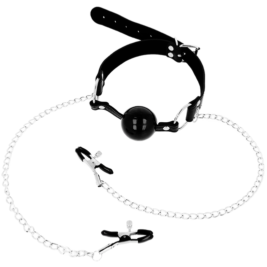 Ohmama fetish black ball gag with nipple clamps adjustable strap metal chains