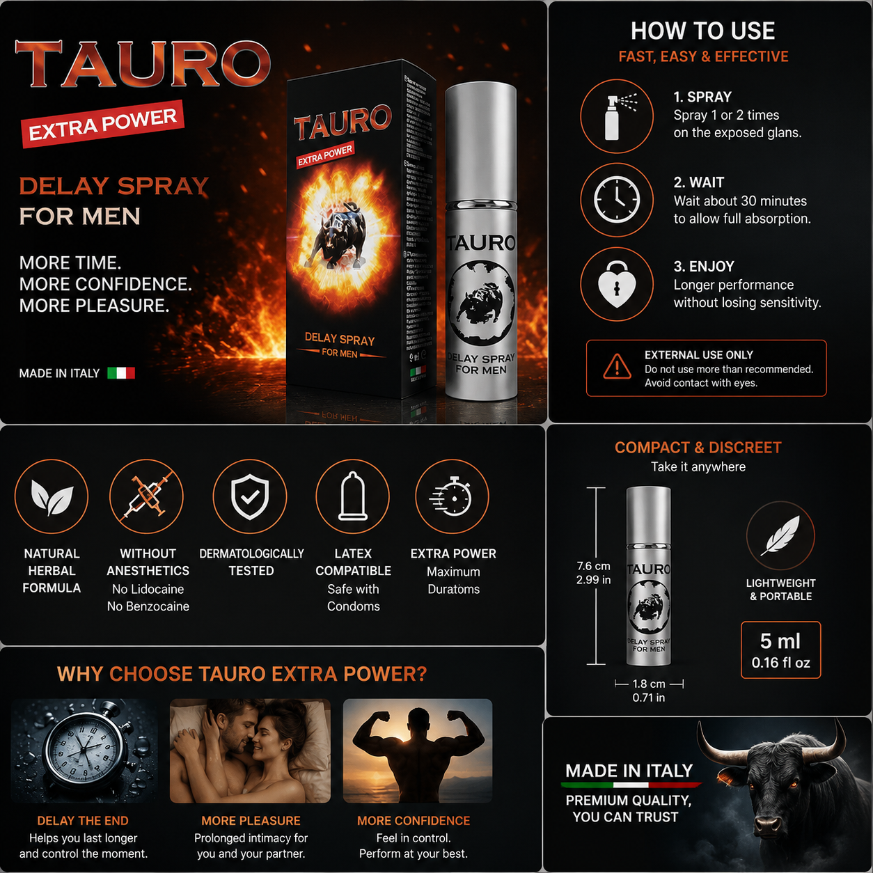 Tauro Extra Power Delay Spray for Men 5ml | Made in Italy