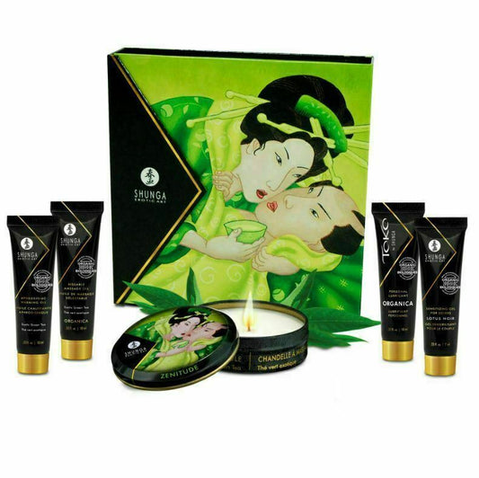 Shunga Secret Kit Lubrificante riscaldante con olio per candele da massaggio afrodisiaco al tè verde esotico