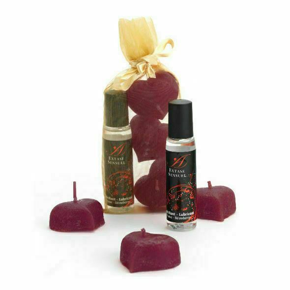 Kit Extase Sensuel Erotik-Set 3 Kerzen und 1 Erdbeer-Gleitmittel 1fl oz / 30 ml